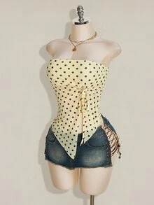 SHEIN ICON 女款波點不對稱下擺抹胸上衣 - 淡黃色 - 查看 8