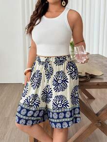 Weeklong Women's New Plus Size Loose Straight Leg Casual Vacation Shorts With Positioned Print - Multicolor - View 4