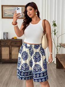 Weeklong Women's New Plus Size Loose Straight Leg Casual Vacation Shorts With Positioned Print - Multicolor - View 5