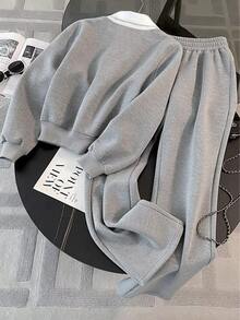 Resyla Women's Autumn/Winter Elegant Thermal Lined Casual Sports Grey 2 In 1 Sweatshirt + High Waist Wide Leg Pants 2 Pieces Set - Grey - View 2