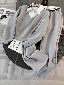 Resyla Women's Autumn/Winter Elegant Thermal Lined Casual Sports Grey 2 In 1 Sweatshirt + High Waist Wide Leg Pants 2 Pieces Set - Grey - View 1