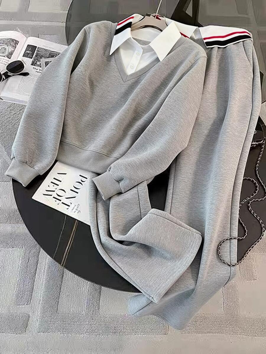 Resyla Women's Autumn/Winter Elegant Thermal Lined Casual Sports Grey 2 In 1 Sweatshirt + High Waist Wide Leg Pants 2 Pieces Set - Grey - View 1