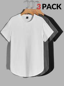 GETOML Men's Solid Color Knitted Short Sleeve T-Shirt (3pcs/Pack), Summer, Vacation, Father's Day Gifts, Football - Dark Grey - View 2