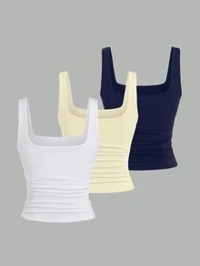 Sweetra Women's Solid Color Square Neck Pleated Fitted Casual Tank Top 3 Packs Tops Tank Tops Women Top - Multicolor - View 2