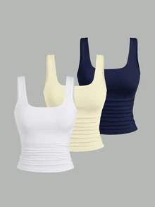 Sweetra Women's Solid Color Square Neck Pleated Fitted Casual Tank Top 3 Packs Tops Tank Tops Women Top - Multicolor - View 1