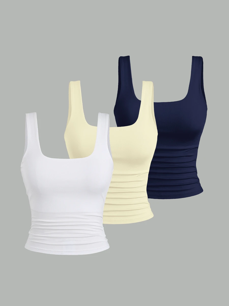 Sweetra Women's Solid Color Square Neck Pleated Fitted Casual Tank Top 3 Packs Tops Tank Tops Women Top - Multicolor - View 1