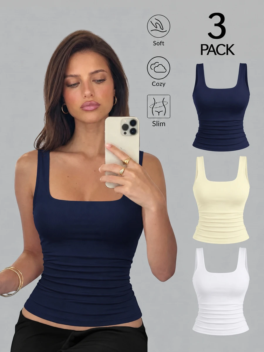 Sweetra Women's Solid Color Square Neck Pleated Fitted Casual Tank Top 3 Packs Tops Tank Tops Women Top - Multicolor - View 1