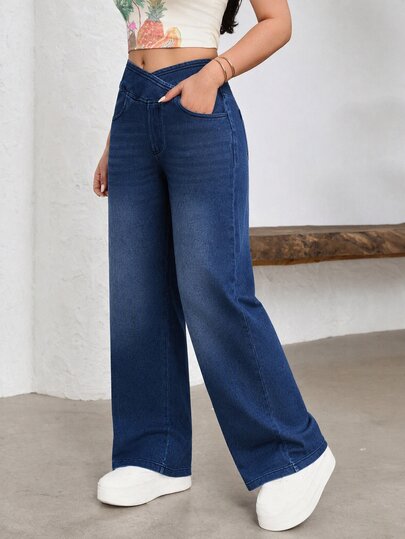 Flexra Autumn Casual Streetwear High Waist Crisscross Waistband Wide Leg Tummy Control Stretchy Navy Blue Denim Gym Daily Wear Jeans For Women Everyday