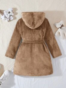 SHEIN Little Byeori 兒童青少年男孩休閒秋冬款毛絨字母圖案卡其色連帽家居服睡袍睡衣，柔軟親膚法蘭絨 - 卡其色 - 查看 2