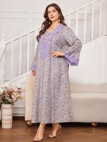Al Najma Plus Size Women Floral Fabric & Lace Trim Arabic Style Dress, Spring - Multicolor - View 7