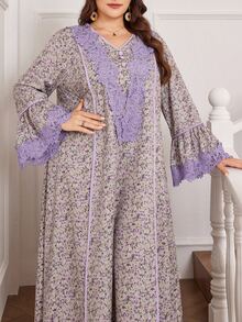 Al Najma Plus Size Women Floral Fabric & Lace Trim Arabic Style Dress, Spring - Multicolor - View 5