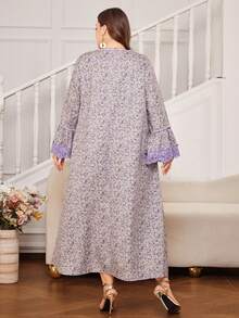 Al Najma Plus Size Women Floral Fabric & Lace Trim Arabic Style Dress, Spring - Multicolor - View 2