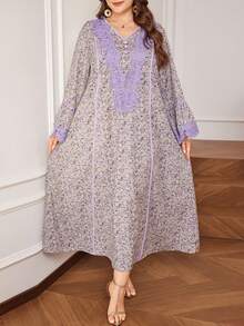 Al Najma Plus Size Women Floral Fabric & Lace Trim Arabic Style Dress, Spring - Multicolor - View 9