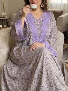 Al Najma Plus Size Women Floral Fabric & Lace Trim Arabic Style Dress, Spring - Multicolor - View 4