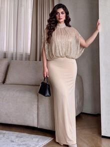 Modelyn 優雅亮片立領特殊袖修身版型大尺碼春夏洋裝 - 香檳色 - 查看 1