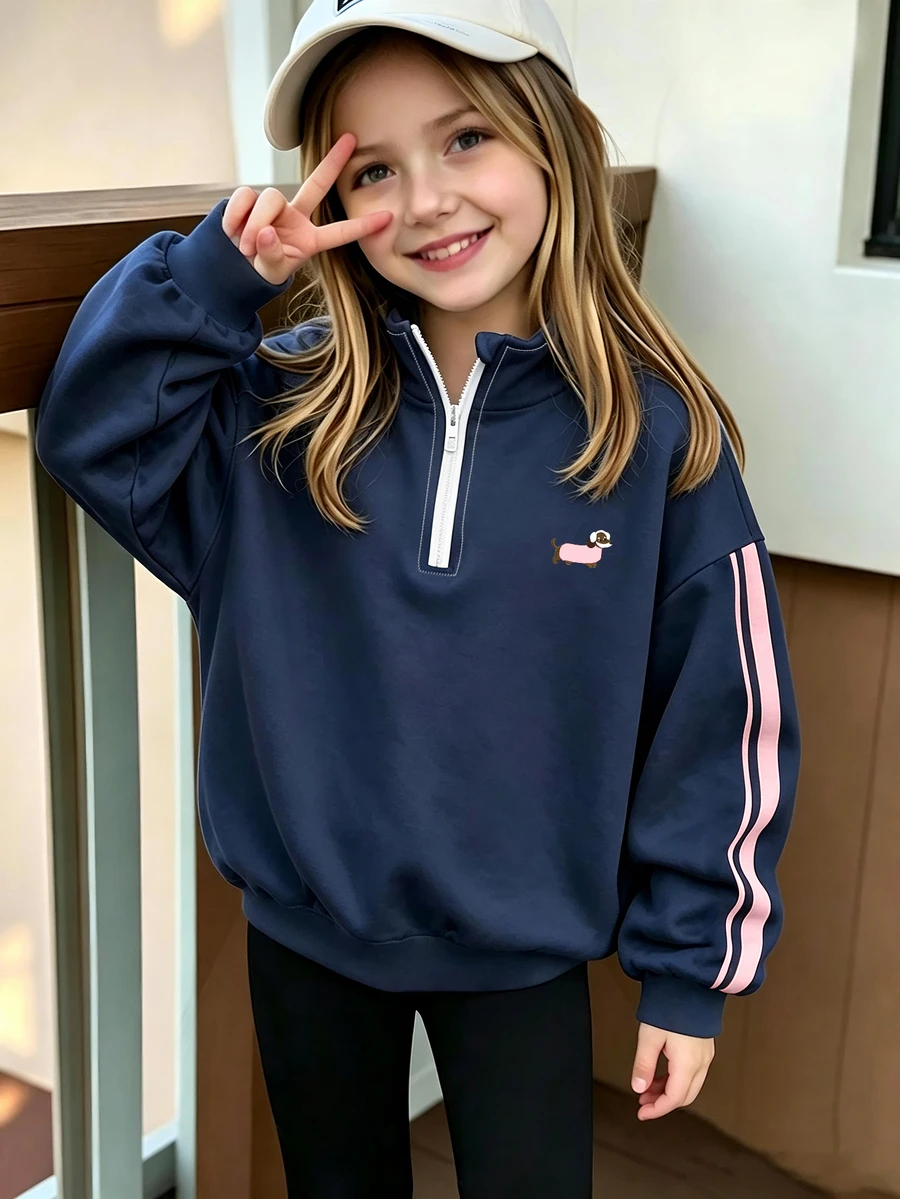 Cute Puppy Pattern Half-Zip Sweatshirt, Suitable For Little Girls To Wear In Autumn And Winter, Comfortable Minimalist Casual Daily Style - Multicolor - View 1