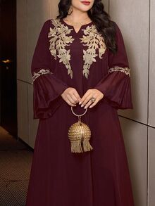 Al Najma Plus Size Women's Elegant Arabic Style Floral Patchwork Long Loose Dress, Suitable For Spring And Autumn - Burgundy - View 4