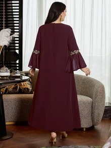Al Najma Plus Size Women's Elegant Arabic Style Floral Patchwork Long Loose Dress, Suitable For Spring And Autumn - Burgundy - View 2