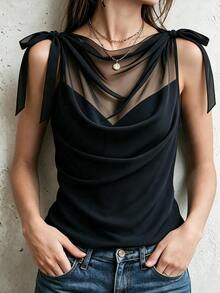 SHEIN Autumn/Winter Black Mesh Patchwork Knit Cowl Neck 2 In 1 Sleeveless Tank Top, Fashion Commute Matching Top - Black - View 5