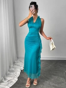 Modelyn 女式挂脖褶饰腰荷叶边下摆纯色吊带裙 - 藍色 - 查看 3