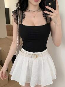 DAZY 黑色蕾丝拼接露脐上衣，优雅百搭，适合情人节、婚礼、派对、正式场合，时尚修身，透视网纱短袖女式衬衫 - 黑色 - 查看 10