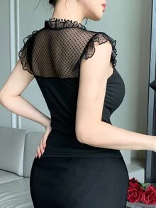DAZY 黑色蕾丝拼接露脐上衣，优雅百搭，适合情人节、婚礼、派对、正式场合，时尚修身，透视网纱短袖女式衬衫 - 黑色 - 查看 3