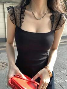 DAZY 黑色蕾丝拼接露脐上衣，优雅百搭，适合情人节、婚礼、派对、正式场合，时尚修身，透视网纱短袖女式衬衫 - 黑色 - 查看 9
