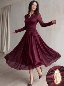 Modelyn Elegant Women's Banquet Dress With Design-Driven Solid Color Mesh, Metal Buckle Decoration, Pleated Slimming Long Sleeve And Flared Hem - Burgundy - View 3