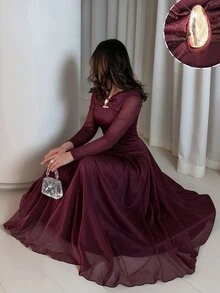 Modelyn Elegant Women's Banquet Dress With Design-Driven Solid Color Mesh, Metal Buckle Decoration, Pleated Slimming Long Sleeve And Flared Hem - Burgundy - View 1