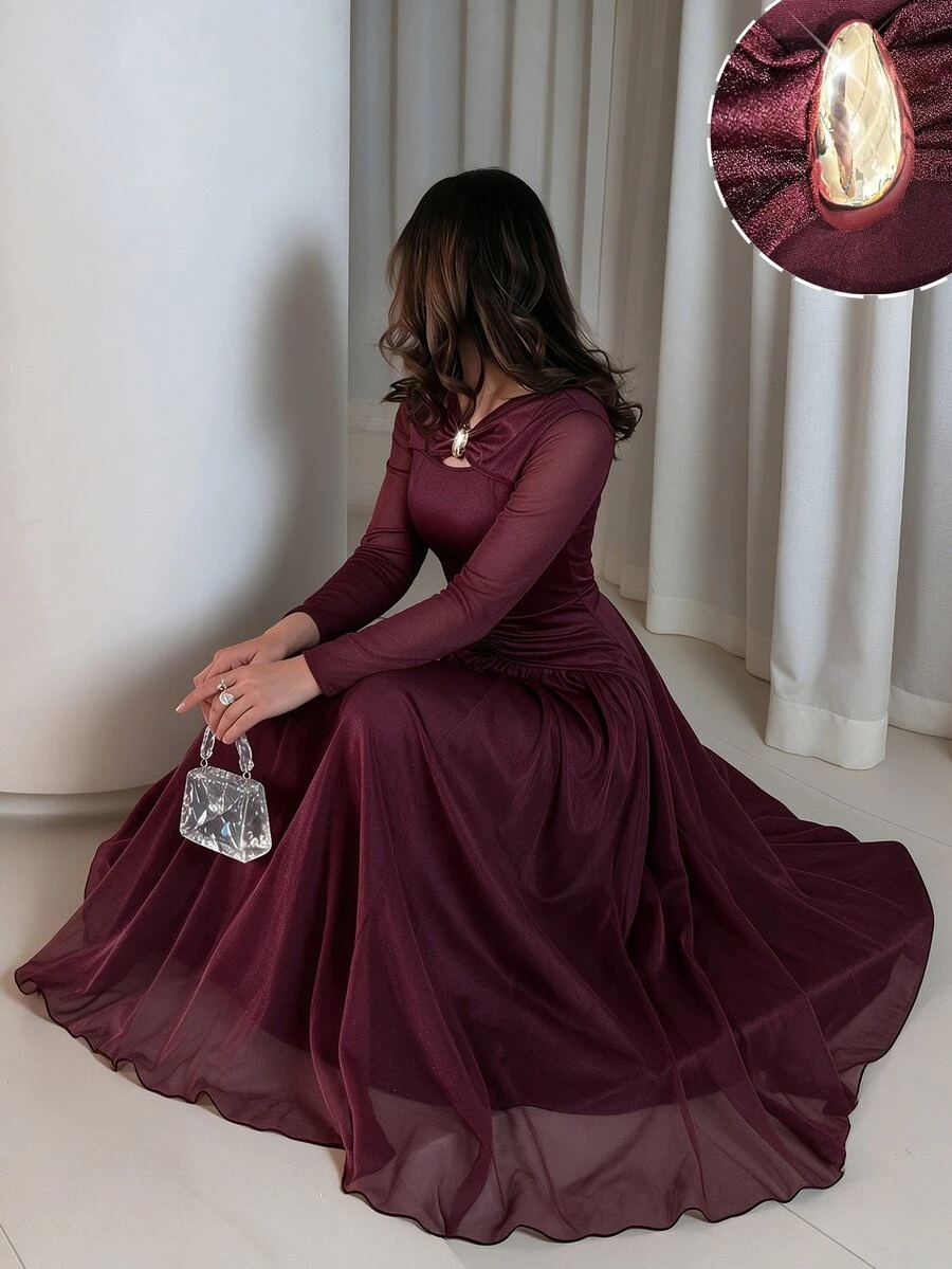 Modelyn Elegant Women's Banquet Dress With Design-Driven Solid Color Mesh, Metal Buckle Decoration, Pleated Slimming Long Sleeve And Flared Hem - Burgundy - View 1