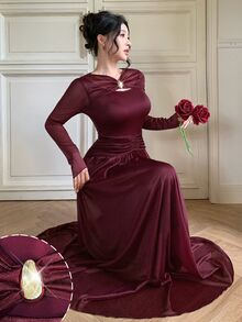 Modelyn Elegant Women's Banquet Dress With Design-Driven Solid Color Mesh, Metal Buckle Decoration, Pleated Slimming Long Sleeve And Flared Hem - Burgundy - View 7