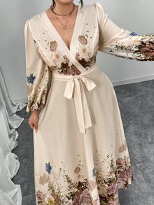 Modelyn 加大码优雅花卉印花长裙，适合通勤 - 杏色 - 查看 5
