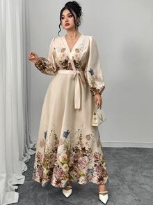 Modelyn 加大码优雅花卉印花长裙，适合通勤 - 杏色 - 查看 6