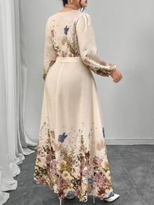Modelyn 加大码优雅花卉印花长裙，适合通勤 - 杏色 - 查看 2