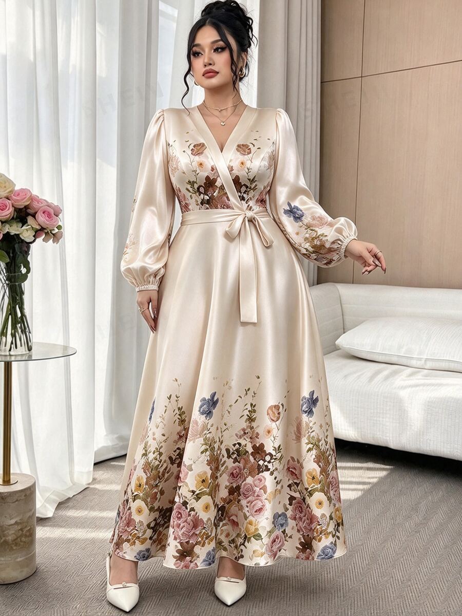 Modelyn 加大码优雅花卉印花长裙,适合通勤 - 杏色 - 查看 1