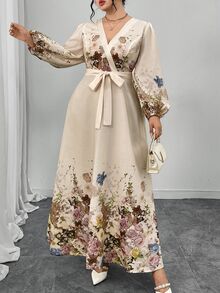 Modelyn 加大码优雅花卉印花长裙，适合通勤 - 杏色 - 查看 7