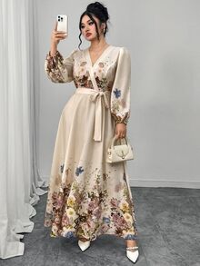 Modelyn 加大码优雅花卉印花长裙，适合通勤 - 杏色 - 查看 4