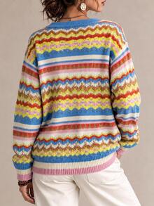 Lalippa Women's Colorful Striped Jacquard Long Sleeve Hollow Out Knit Top - Multicolor - View 2