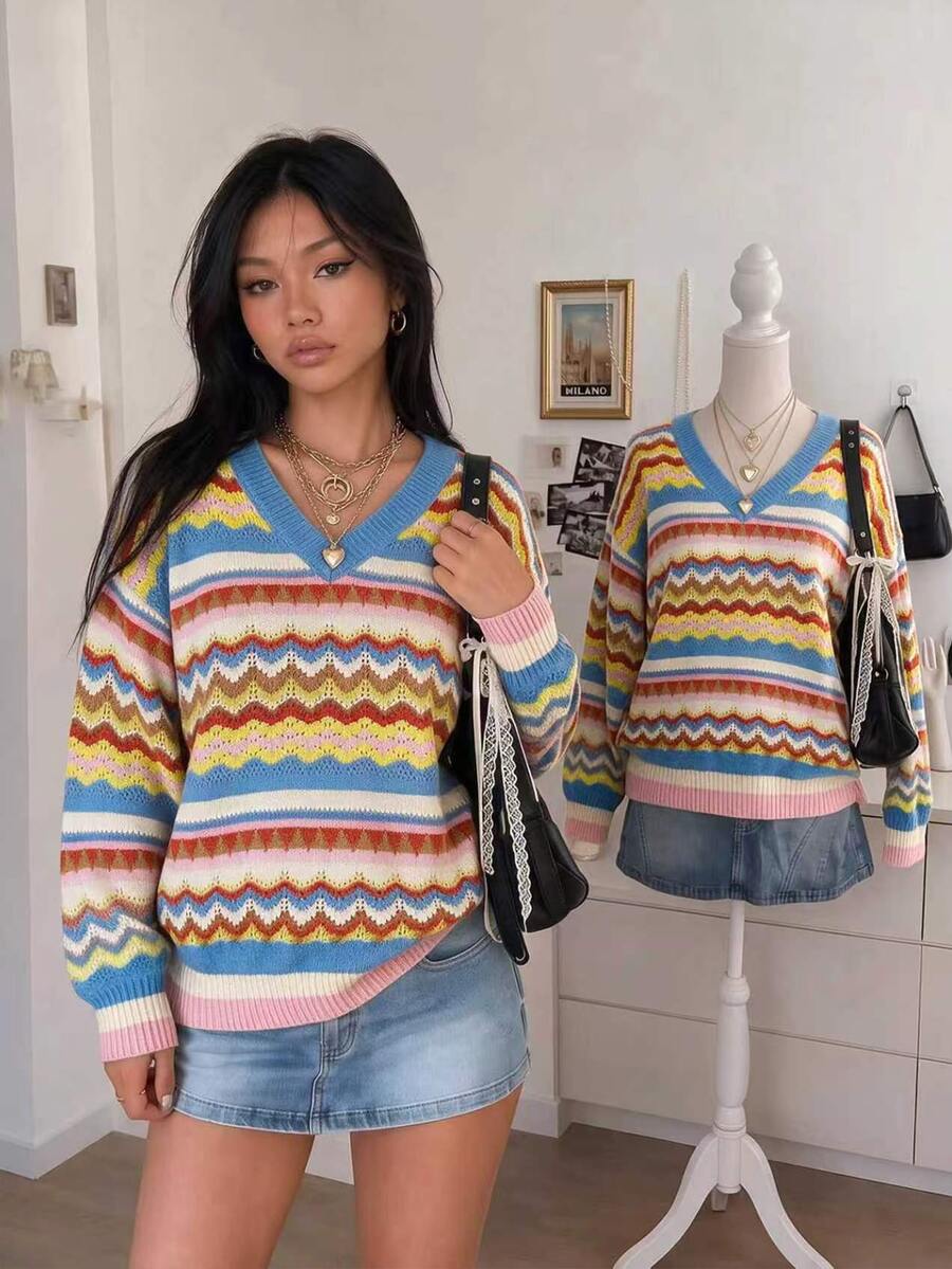 Lalippa Women's Colorful Striped Jacquard Long Sleeve Hollow Out Knit Top - Multicolor - View 1
