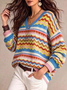 Lalippa Women's Colorful Striped Jacquard Long Sleeve Hollow Out Knit Top - Multicolor - View 3