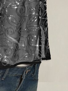 SHEIN ICON 女款 Y2K 性感亮片网眼露背挂脖上衣 - 黑色 - 查看 10