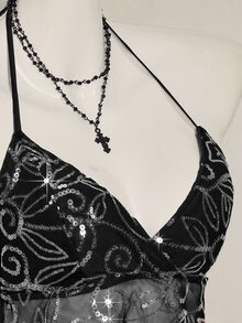 SHEIN ICON 女款 Y2K 性感亮片网眼露背挂脖上衣 - 黑色 - 查看 9