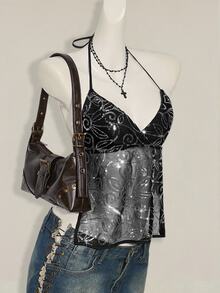 SHEIN ICON 女款 Y2K 性感亮片网眼露背挂脖上衣 - 黑色 - 查看 12