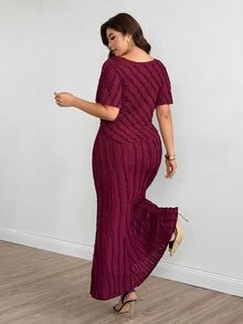 Modelyn Plus Size Women's Ruffle Short Sleeve Asymmetrical Hem Large Scoop Neck, Mermaid Party French Elegant Ruffle Trim Comfortable Skirt & Top 2-Piece Set - Burgundy - View 3