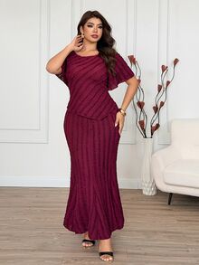 Modelyn Plus Size Women's Ruffle Short Sleeve Asymmetrical Hem Large Scoop Neck, Mermaid Party French Elegant Ruffle Trim Comfortable Skirt & Top 2-Piece Set - Burgundy - View 6