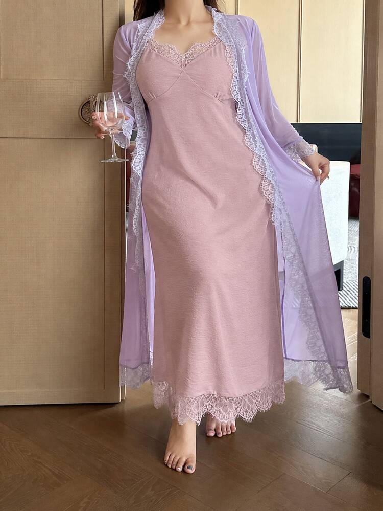 Dazy Plus Romantic Lace Contrast Mesh Camisole Maxi Dress Pajama Set, Soft Purple Fall - Purple - View 7