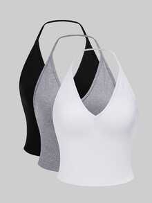 Sweetra 3pcs Solid Halter Top - Multicolor - View 3