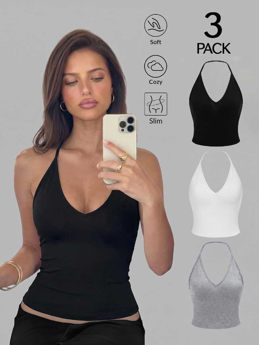 Sweetra 3pcs Solid Halter Top - Multicolor - View 1