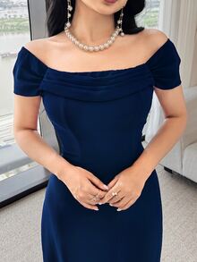 Feyla Women's Solid Color Off-Shoulder Elegant Long Dress Dining Navy Blue Summer - Navy Blue - View 3