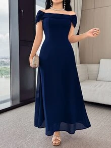 Feyla Women's Solid Color Off-Shoulder Elegant Long Dress Dining Navy Blue Summer - Navy Blue - View 4